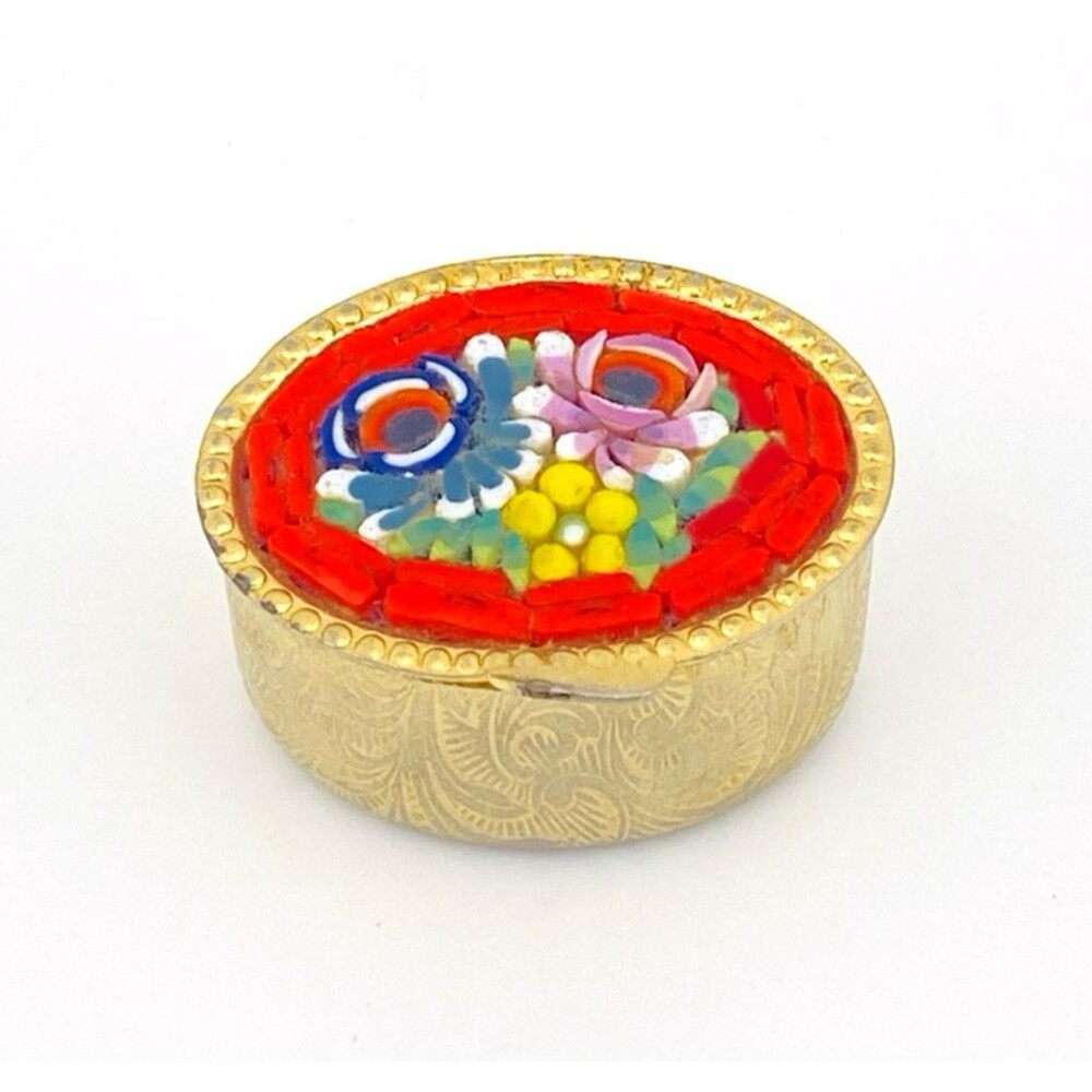 Vintage Micro Mosaic Pill Box Gold Tone Red Floral Oval Trinket Italy